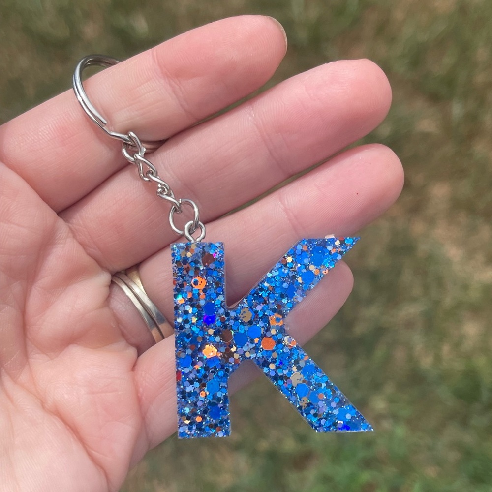 Blue Letter K Initial Keychain Handmade With Resin